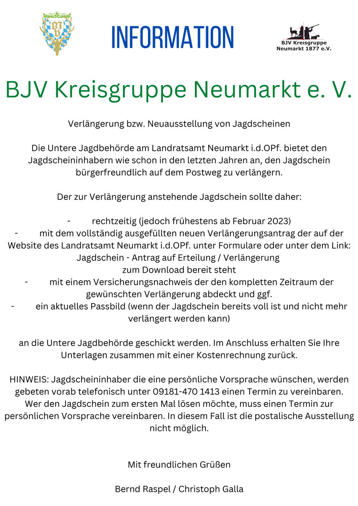 Jagdschein Verlaengerung Bjv Neumarkt